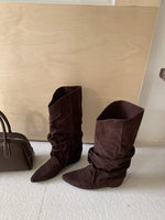 2026 New Winter Vintage Pleated Women Mordern High Boots Designer Slip on Pointed Toe Internal Elevation Shoes Botas De Mujer
