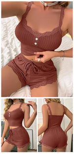Sexy Women Summer Pajama Set Ribbed Lace Trim Backless Crop Cami Top and Shorts Slim Fit Sleepwear Nightwear Lounge Set