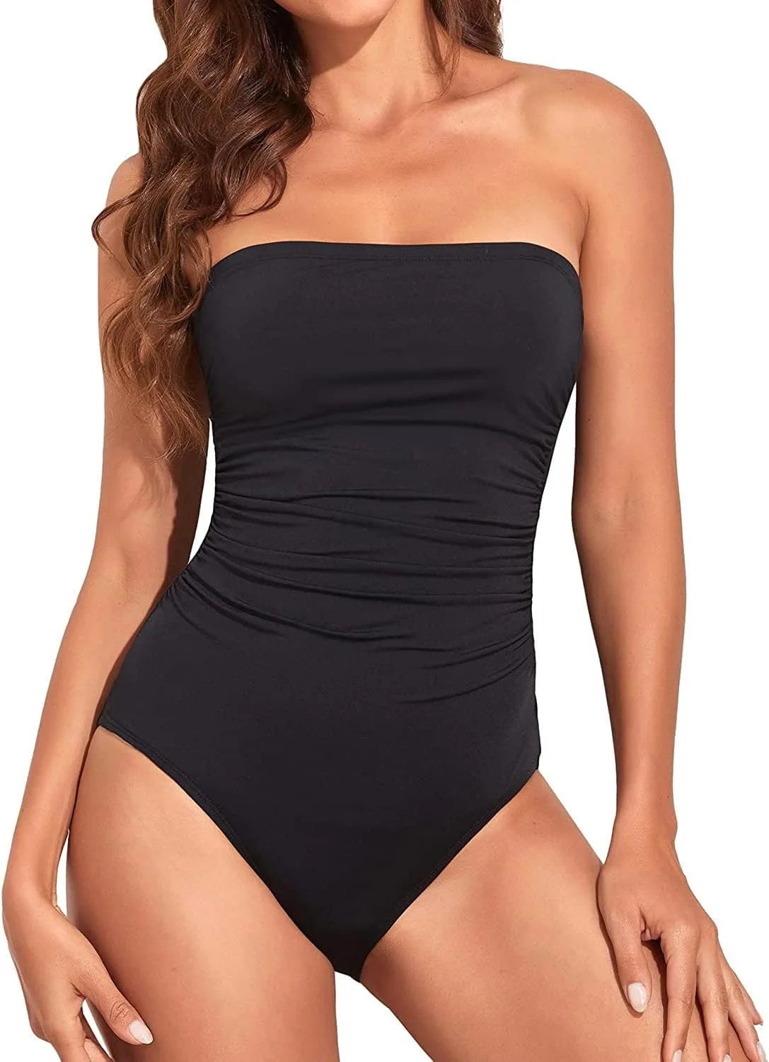 Sexy Bandeau One Piece Swimsuit 2025 Women Black Pleate Slimming Tummy Control Swimwear Summer Holiday Bathing Suit Monokini