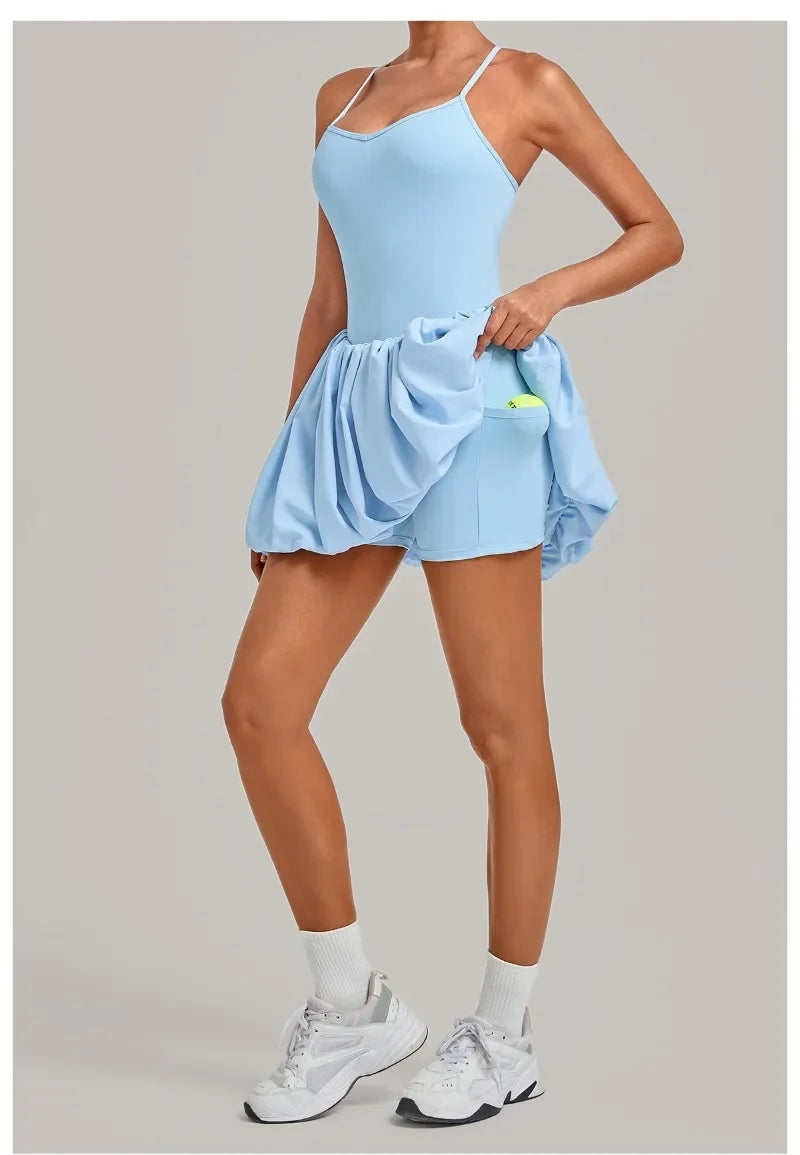 Women's Tennis Skirt Dress Sports Fitness Golf Beautiful Back Slim-fit One-Piece Training Workout Gym Anti-exposure Yoga Dress