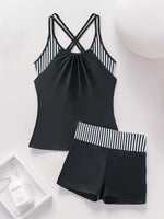 Women's Conservative 2 Piece Swimsuit Black Stripe Print Patchwork Tankini Bikini Set Suspender Cross Backless Bathing Suit 2025