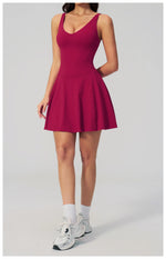 Bodycon Tennis Dress with Shorts Pocket Women Speed Dry Sleeveless V Neck One Piece Sport Outfit Short Dress Fitness Yoga Set