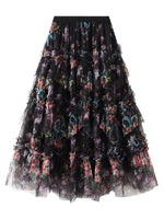 Early Fall Floral Print Ruffle Mesh Skirt Women Irregular Flowy A-line Midi Skirt for Travel, Beach, Shopping