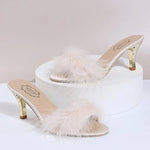 Summer Elegant Open Toe Plush Slippers for Women 2025 Suede High Heels Slippers Women Luxury Solid Thin Heels Woman Slides