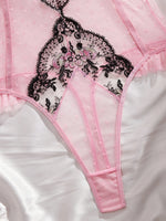 Pink Lace Embroidery Jumpsuit with Black Floral Lace Paneling High-Waist Triangle Pant Design Romantic French Sexy Underwear