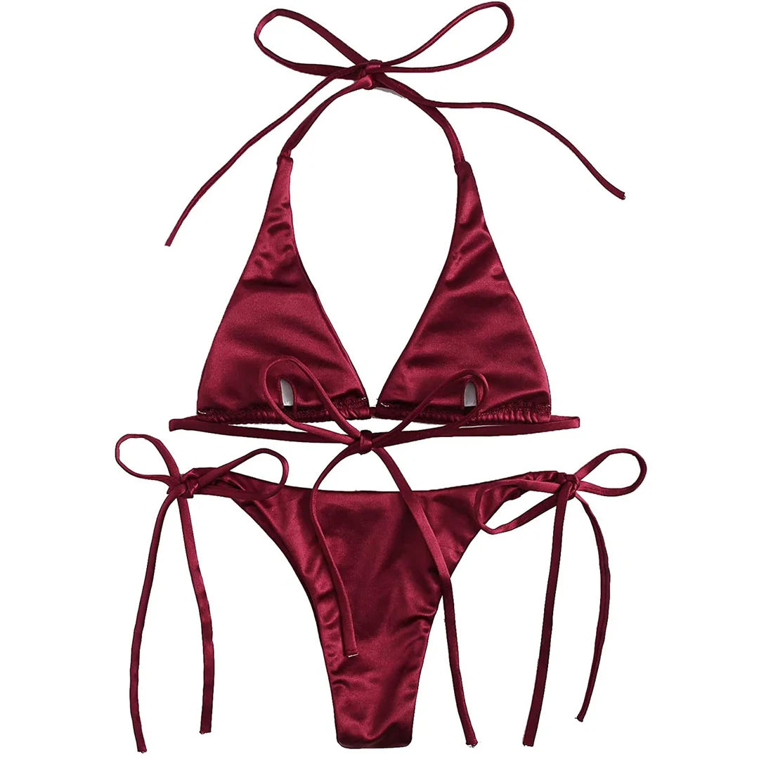 Sexy Satin Halter Brazilian Padded Bikini Female Swimsuit Women Swimwear Two-Pieces Bikini Set Bather Bathing Suit Swim V4966S