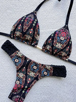 Printed Halter Braided Rope Mini Thong Bikini Female Swimsuit Women Swimwear Two-pieces Bikini Set High Cut Bather Bathing Suit