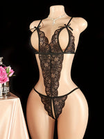 Women’s Floral Lace Bodysuit Lingerie, Red Sheer Mesh Teddy with Bowknot Straps, Front Cutout Thong Sleepwear for Anniversary