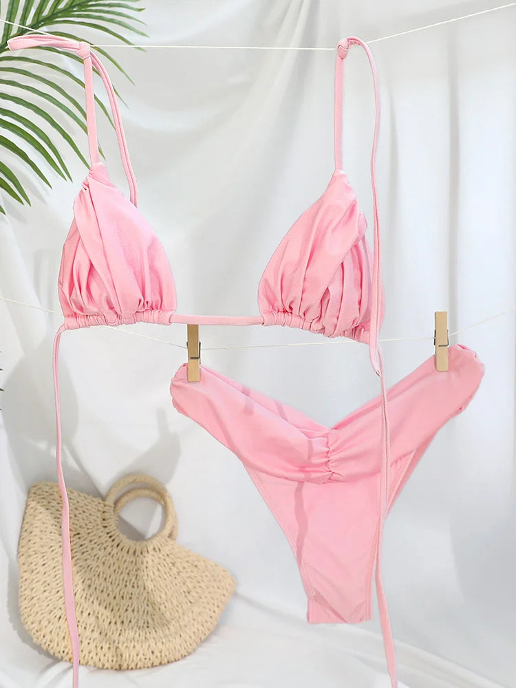 Miyouj Glitter Fabric Bikinis 2026 Sexy Bikini Set Folds Swimsuit Female Halter Bathing Suit Women Swimwear New Beachwear