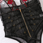 Toucheart Sexy Lace Mesh Transparent Underwear Women V-Neck Sexy Suspender Bodysuit With Zipper Exotic Sexy Printing Jumpsuit