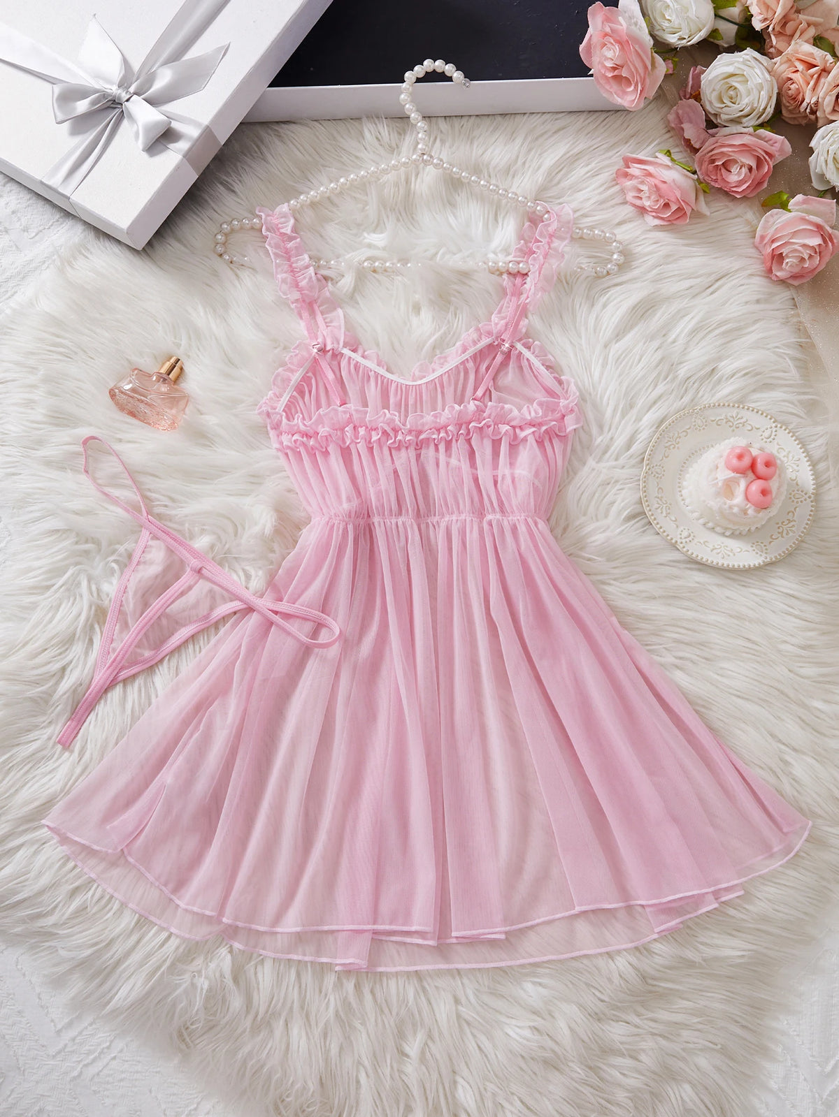 Women Perspective Mesh Nightdress Bow Wrapped Around Chest Pink Sexy Babydoll With Thong Erotic Sexy Lingerie Valentine Day Gift