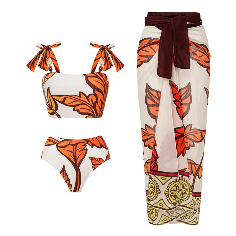 2024 Women Swimwear 2PC Cover-up Swimsuit Ruffle Solid Printed Deep V One-piece Monokini Kimono Bikini Suit Summer Beachwear