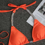 Luxury Rhinestone Bikini Women 2025 Sexy Orange Yellow Crystal Diamond Push Up Thong Swimsuit Beach Bathing Suit Tanga Swimwear