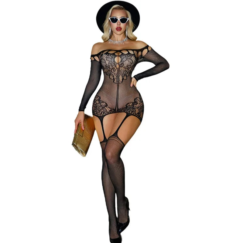 Black Silk Erotic Strapless Sexy Open-crotch Suspender Patterned Long-sleeve Tight Mesh Dress Solid Color For Woman VTB6