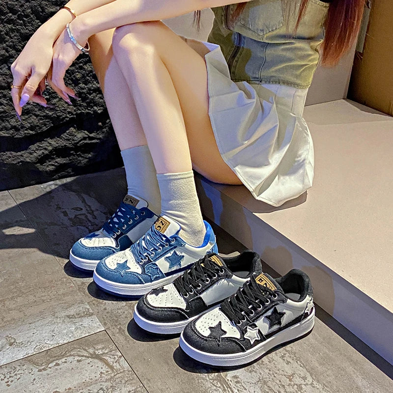 Women Denim Patchwork Star Decor Skate Sneakers Lace‑Up Low Top Thick Sole Fashion Casual Daily Walking Board Shoes For Ladies