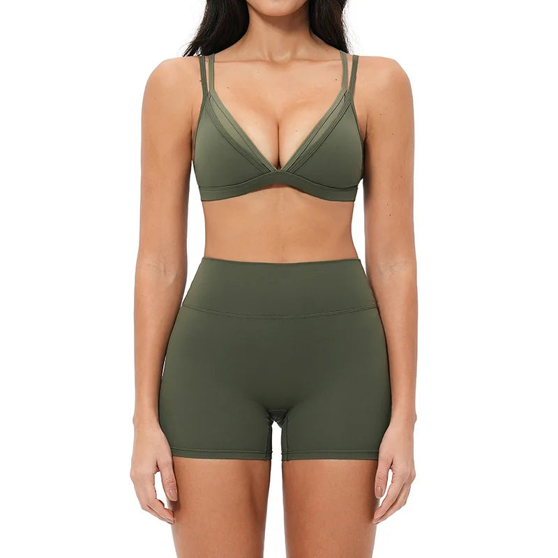 Women 2PCS Yoga Suit Double Strap Shockproof Sports Bra High Waist Tigh Short Fitness Suit Gym Running Leggings Tracksuits