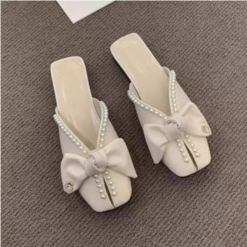 Pearl Slides With Bow Woman Slippers New Collection Original Style Shoes for Women Unique Waterproof Chic and Elegant