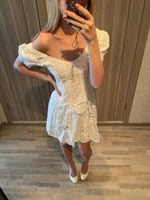 White lace embriodery summer beach dress women elegant hollow out lace up short dress off shoulder puff sleeve sheer dress 2025
