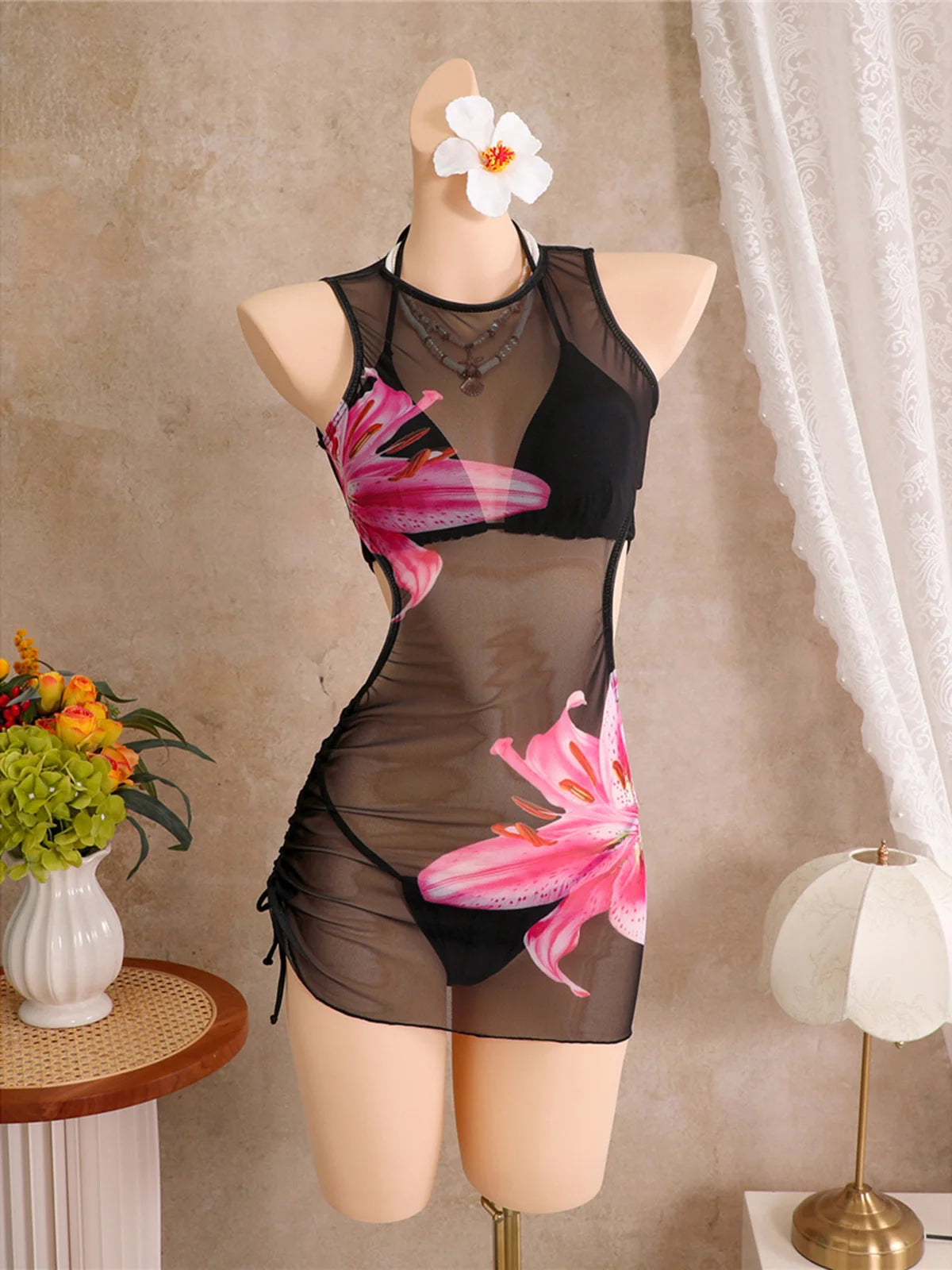 With Cover Up Flower Printed Halter Bikini Women Swimwear Female Swimsuit Three-Pieces Bikini Set Bather Bathing Suit Swim V8253