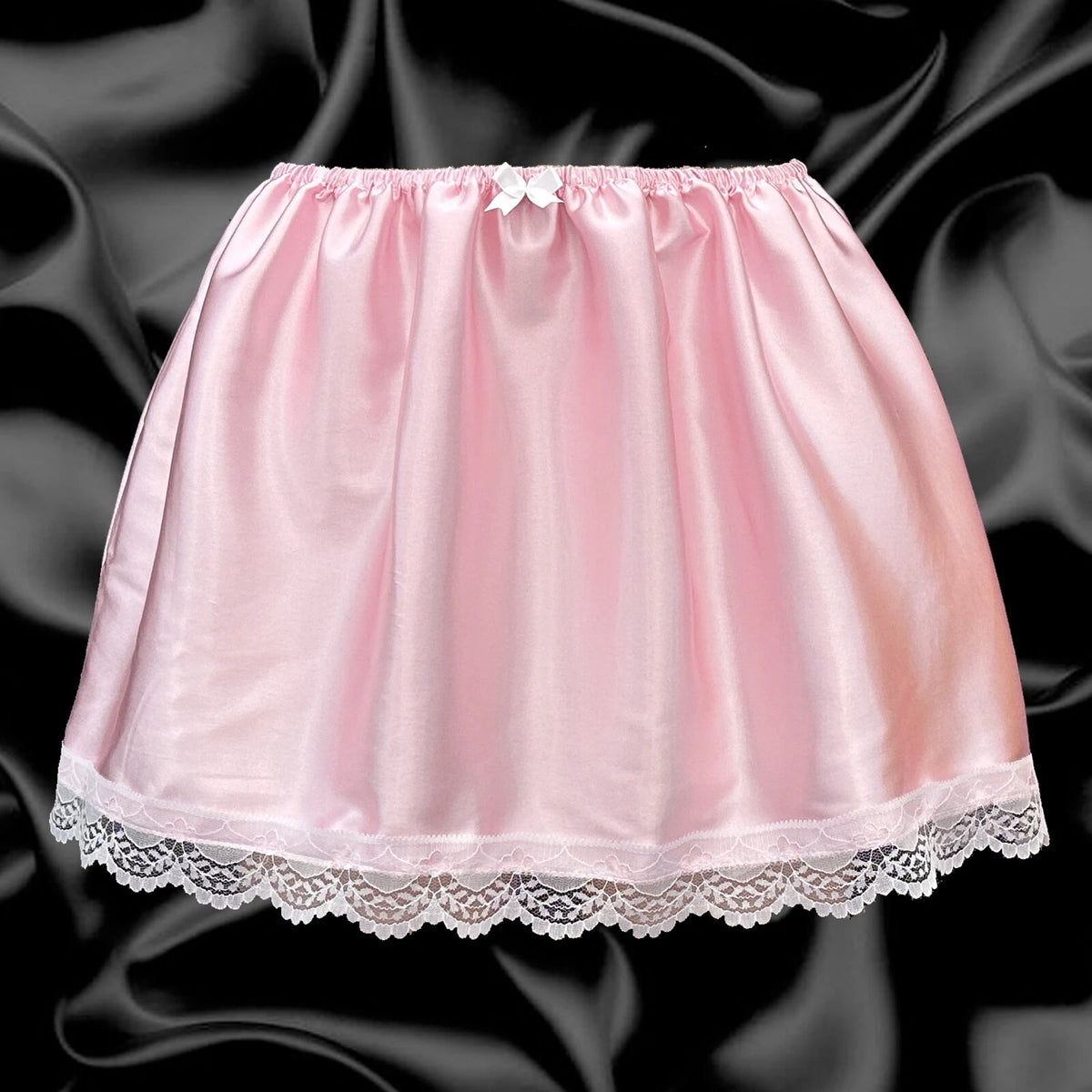 Women Summer Satin A-Line Short Skirt Lace Trim Solid Color Bow Puffy Drape Elastic Waistband Mini Skirts