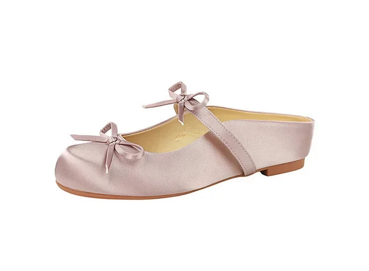 BIGTREE Satin Bow With One Strap With Shallow Mouth Half-Tugging Women's Hollow Inner Heightened Round-Head Sandals Comfortable