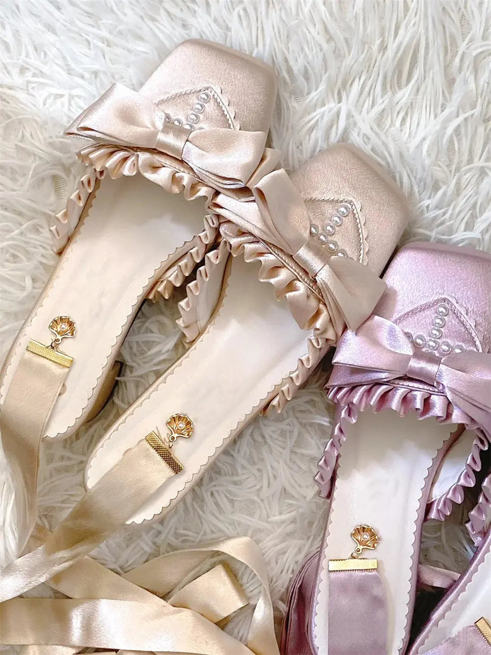 Brand New Vintage y2k Square Toe Mules Pumps Gothic Ruffles Lolita Bow-knot Block Heels Ribbon Tie Ballet Shoes Women