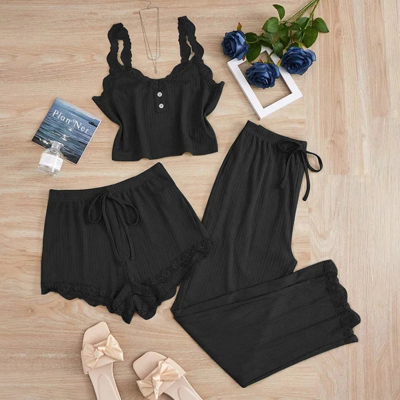 Comfortable 3-Piece Women's Pajamas Set with Lace Splicing