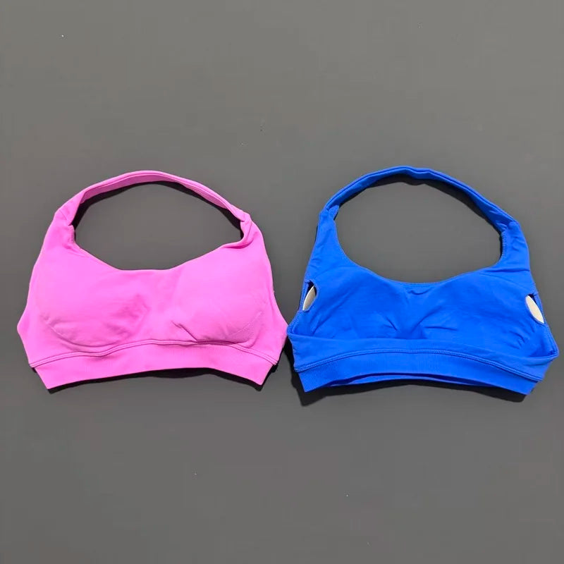 HISTELLO Impacts Sports Bra Women Seamless Yoga Halter Top High Support Push Up Open Back Gym Wear Workout Fitness Underwear