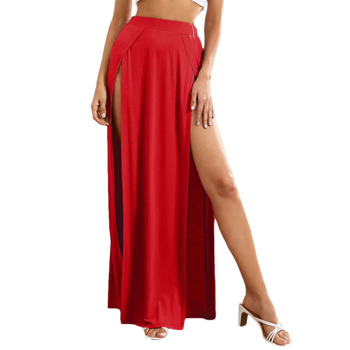 Sexy High Waist Women Elastic Side High Split Skirts Solid Loose Fit Sweat Absorption Summer Female Long Beachwear Skirts