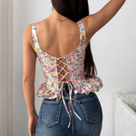 Spring Summer Lace Up Pink Floral Print Fishbone Corset with Folded Waist Ruffled Edges Cotton Suspender Vest for Women 2026