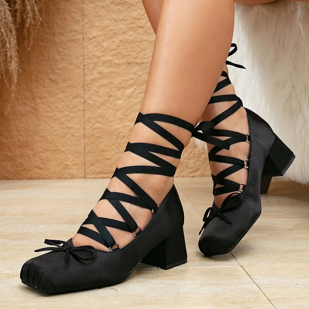 Big Size 43 Sweet Purple Mary Janes Pumps Ribbon Tied Satin 9cm Block High Heels Ballet Shoes Women White Party Wedding Shoes