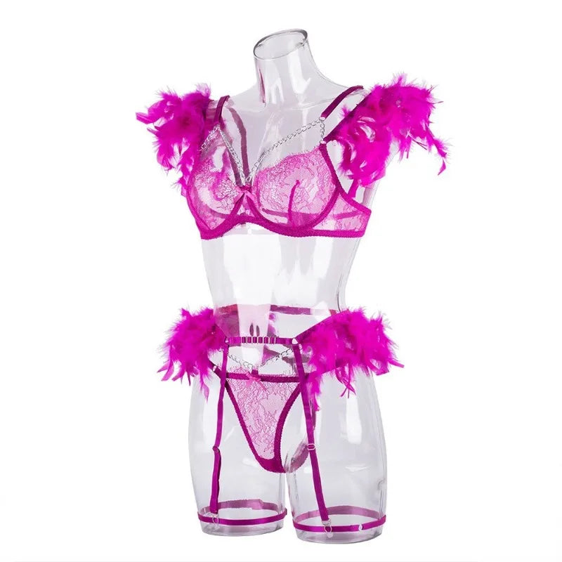 Toucheart 4 Piece Set Fun Lingerie For Women Feather Lace Splicing Chain Sexy Slim Mesh See-Through Sexy Lingerie Garters Suit