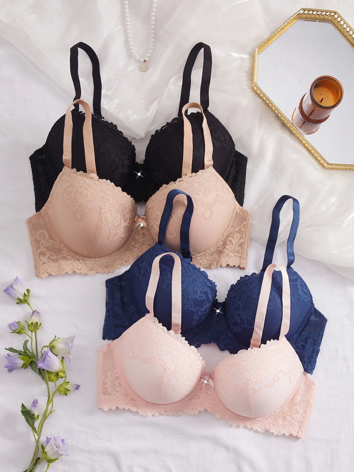 4Pcs Daily Plus Size Floral Lace Women's Underwear Set Thin Cup Push up Bra Wide Strap Underwire Side Support Women Lingerie Bra