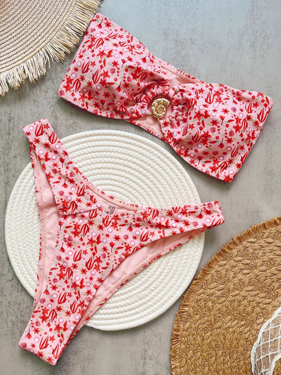 Floral Printed Bandeau Bikini Women Swimsuit Female Swimwear Two Pieces Bikini Set Strapless Bather Bathing Suit Swim Beachwear
