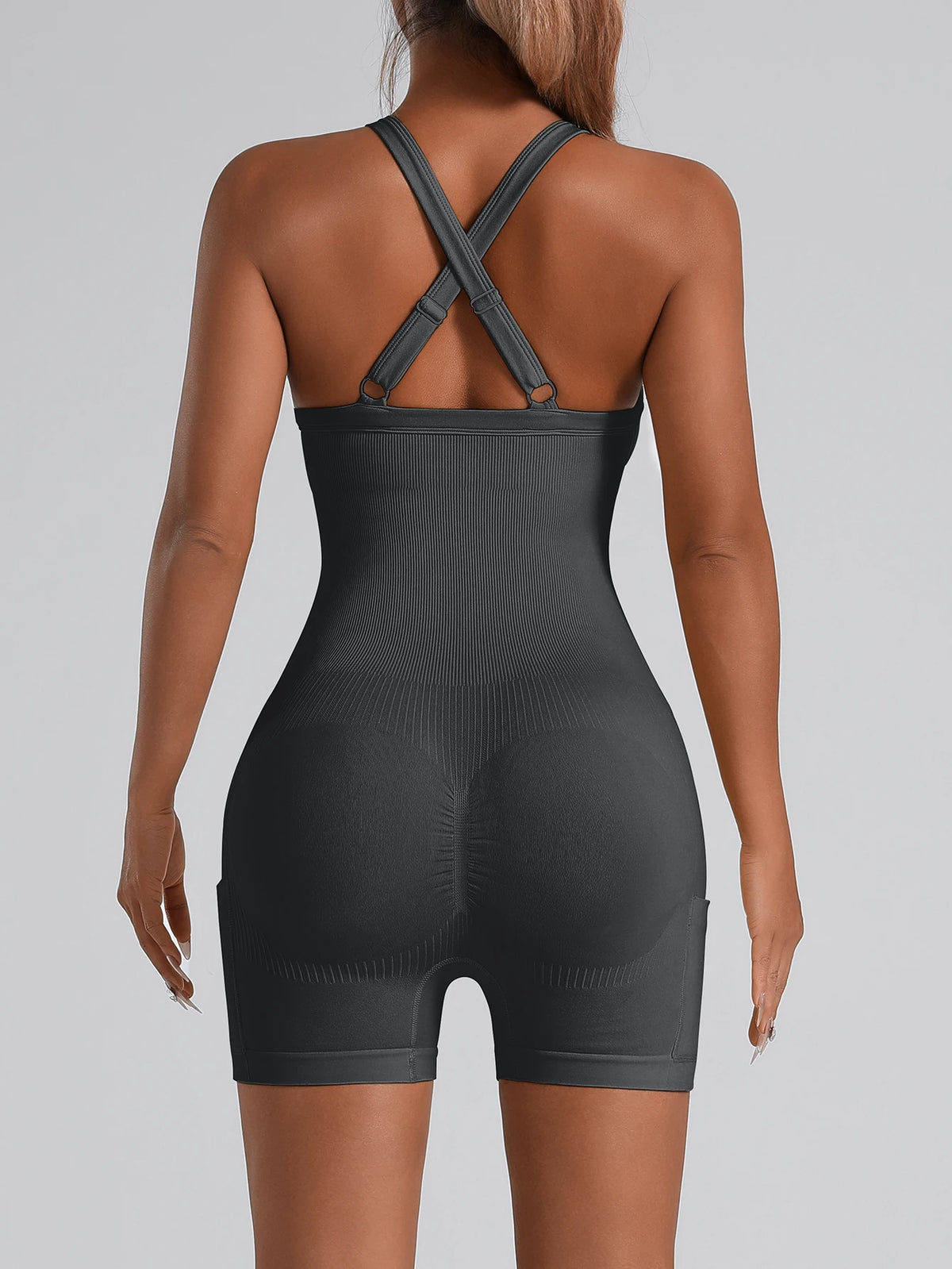 Adjustable Crisscross Back Fitness One Piece Jumpsuit Side Phone Pocket Tummy Control Athletic Yoga Bodysuit