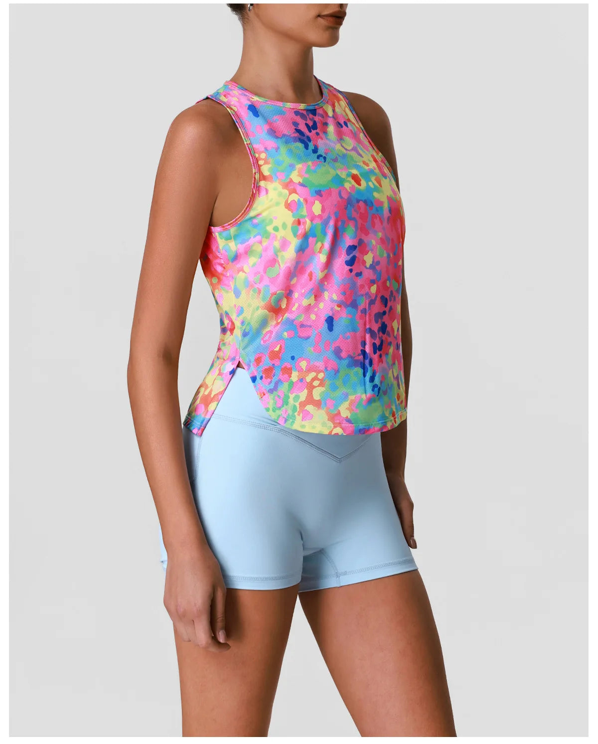 Sports Training Fitness Set Women Summer Ice Tie Dye Gradient Floral T Shirts High Elasticity Hip Lifting Shorts Yoga Sets