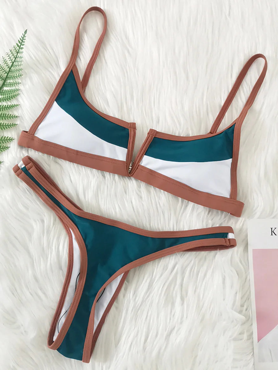 S - XL Splicing V Shaped Thong Bikini Women Swimsuit Female Swimwear Two Pieces Bikini Set Bather Push Up Bathing Suit Swim Lady
