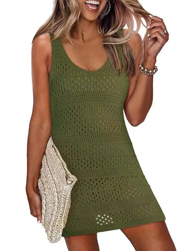 Summer Vest Beach Dresses Women Solid Color Hollow Out Knitted Beachwear Fashion Casual Lady Vacation Mini Dress Female 2025 New