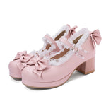 2025 Plus Size 30-48 Women's Candy Colors Mary Janes Pumps Bow Tie Ruffles Black Pink Platform Sweet Block Heels Lolita Shoes