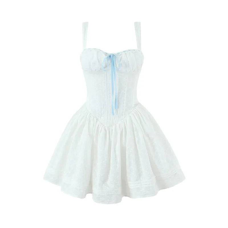 Vietnamese Sweet Lace Embroidered Tie-Waist Dress For Women Thai First Love Patchwork Pleated Puffy Short Skirt Pure Desire WPN1