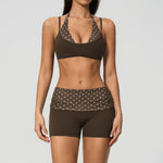 Breathable Striped Patchwork Yoga Clothing Women Fake Two-piece Sports Bra Folding High Waist Shorts Gym Running Fitness Suit
