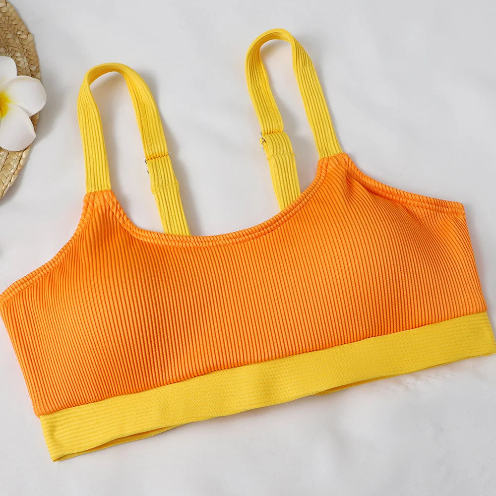 Orange High Waist Bikini 2022 Swimsuits Push Up Swimwear Women Splicing Biquini Beachwear Sexy Ribbed Bathing Suits Female New