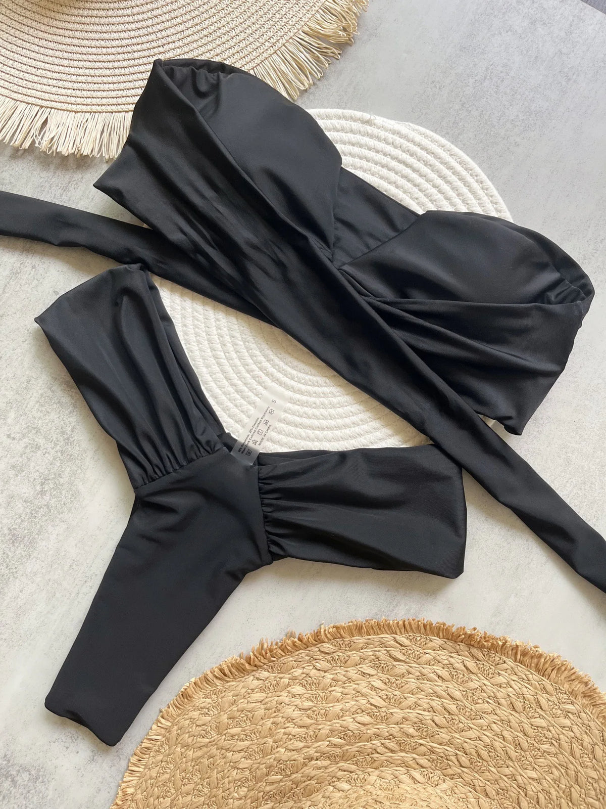 Sexy Bandeau High Cut Bikini Women Swimwear Female Swimsuit Two-pieces Bikini set Pleated Padded Bather Bathing Suit Swim