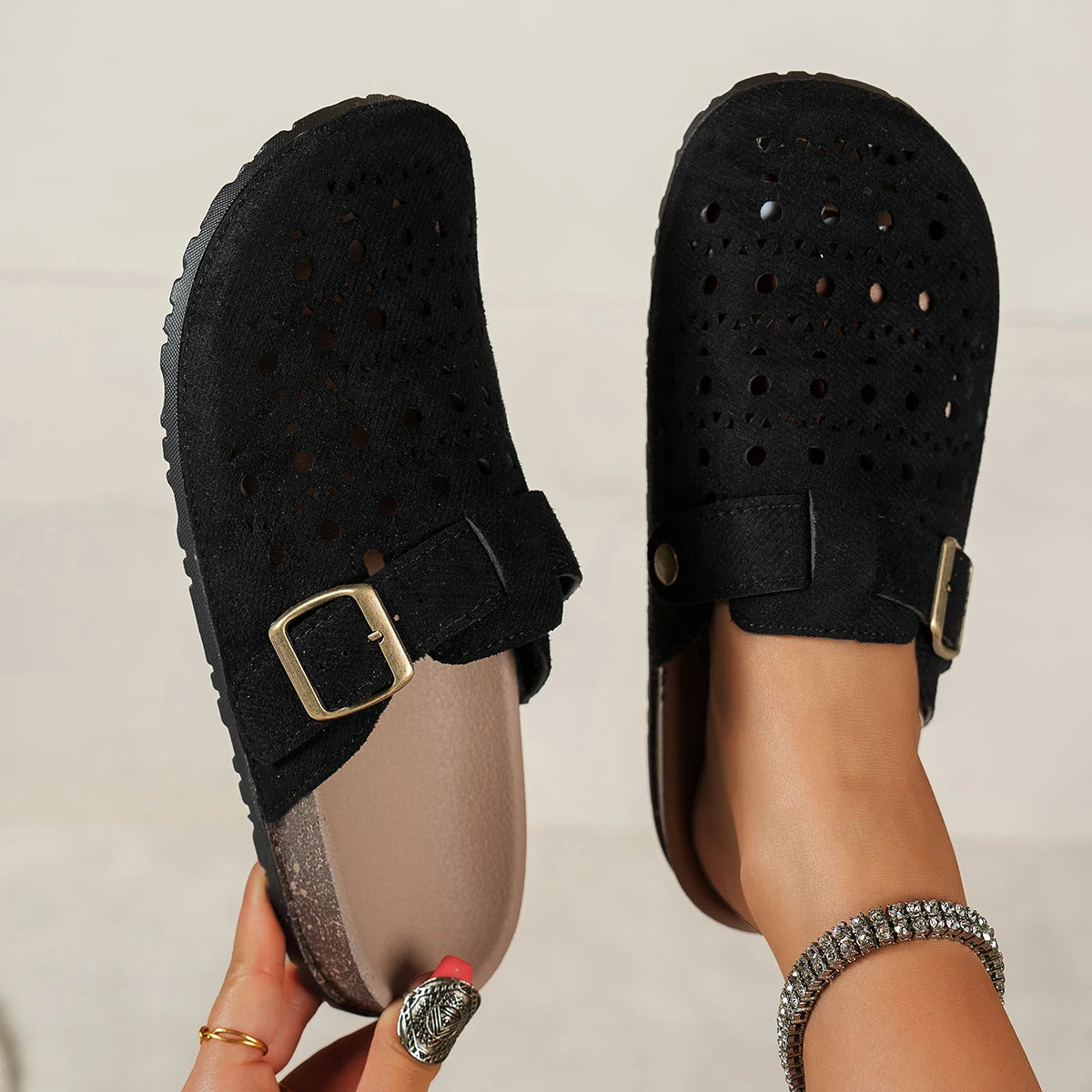 Women Hollow Out Clogs Slippers Perforated Cork Sole Flat Mules Buckle Closed Toe Breathable Indoor Outdoor Summer Shoes