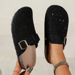 Women Hollow Out Clogs Slippers Perforated Cork Sole Flat Mules Buckle Closed Toe Breathable Indoor Outdoor Summer Shoes