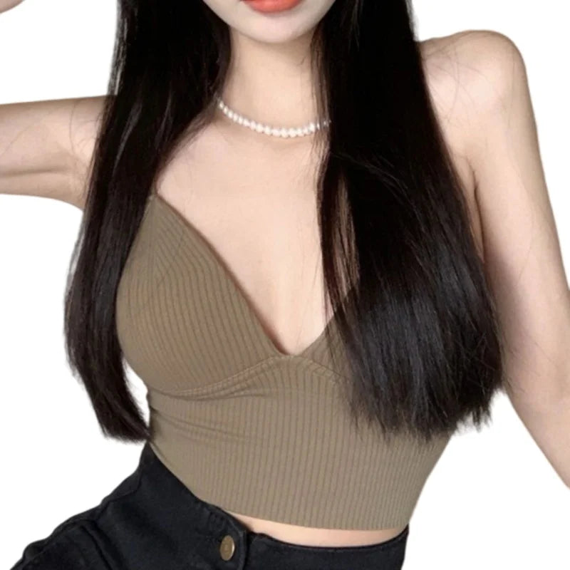 Women Tank Top With Built In Bras Fixed Cup Anti Glare Streetwear Crop Tops Female Seamless Underwear Padded Camisole Summer