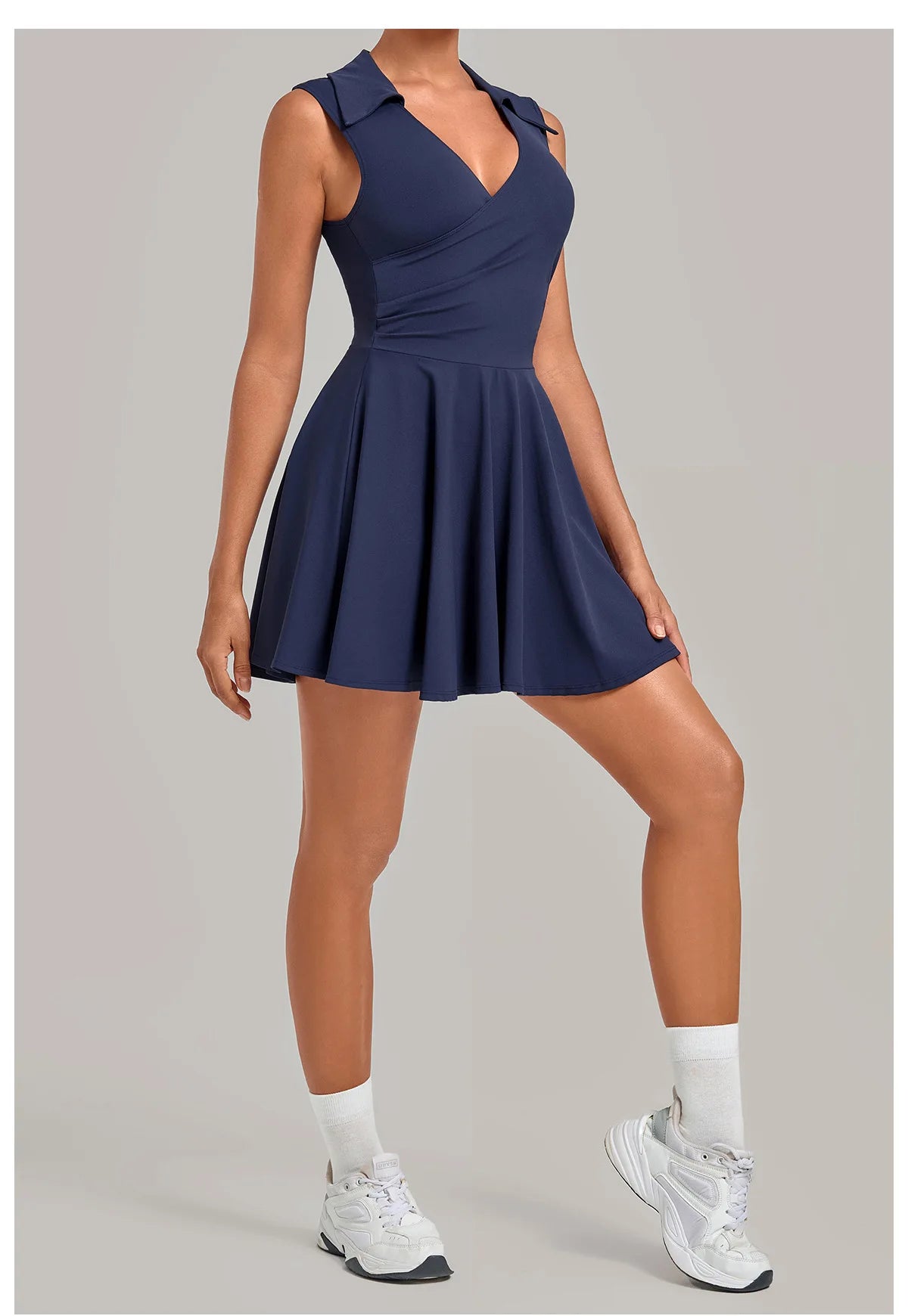 Summer Women Solid Tennis Dresses Sleeveless Turn Down Collar Pleated Skirts with Detachable Pocket Shorts Slim Yoga Golf Dress