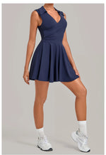 Summer Women Solid Tennis Dresses Sleeveless Turn Down Collar Pleated Skirts with Detachable Pocket Shorts Slim Yoga Golf Dress