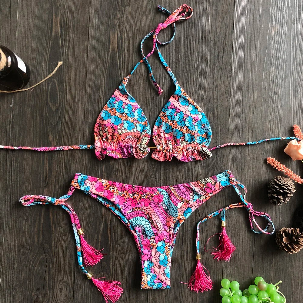 Sexy Bikini Floral Print Swimwear String Bikini Set Push Up Swimsuit Bikinis Women Biquini Beach Bathing Suit Women