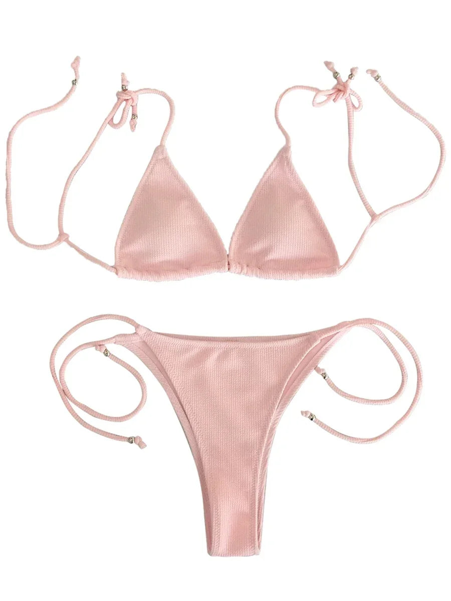 2025 Ribbed Micro Tiny Bikini Women Bandage String Swimsuit Female Swimwear Two Pieces Bikini Set Brazilian Bathing Suit Swim